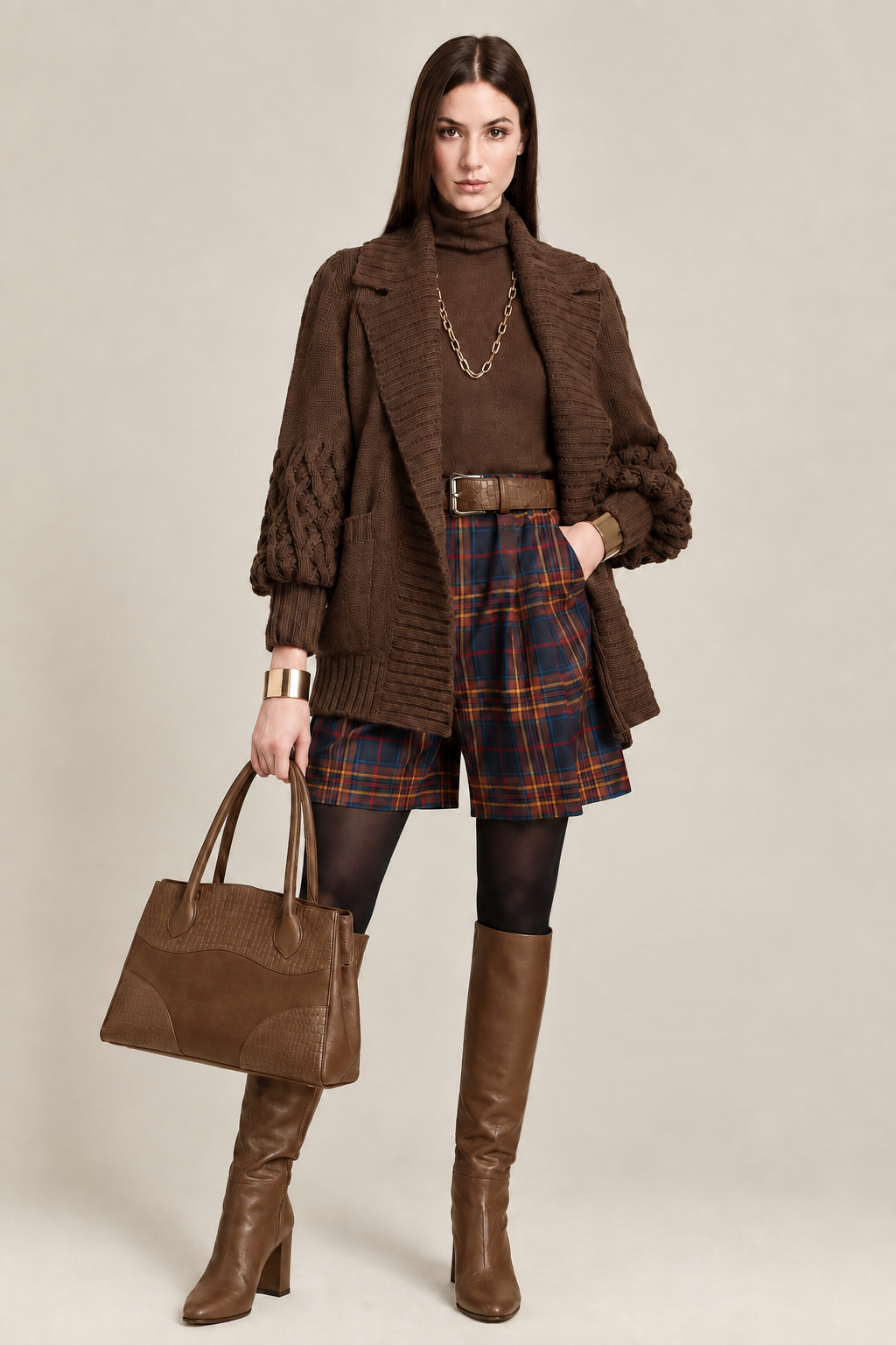 Women's cognac custom-made classic knee-high boots with round toe and high block heel- Top view
